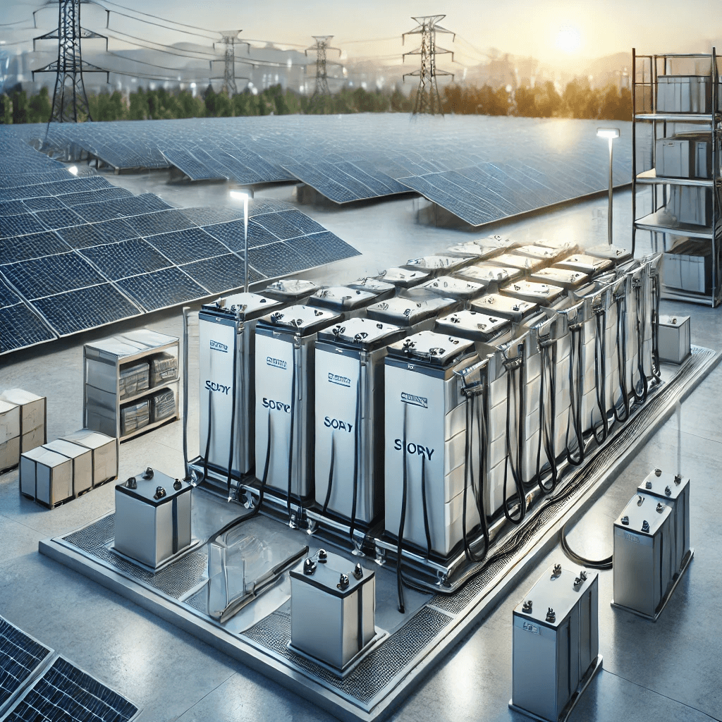 Modern energy storage system with batteries and solar panels for storing electricity for future use.