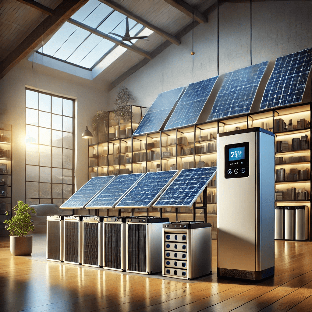 Modern solar energy storage system with batteries and solar panels.